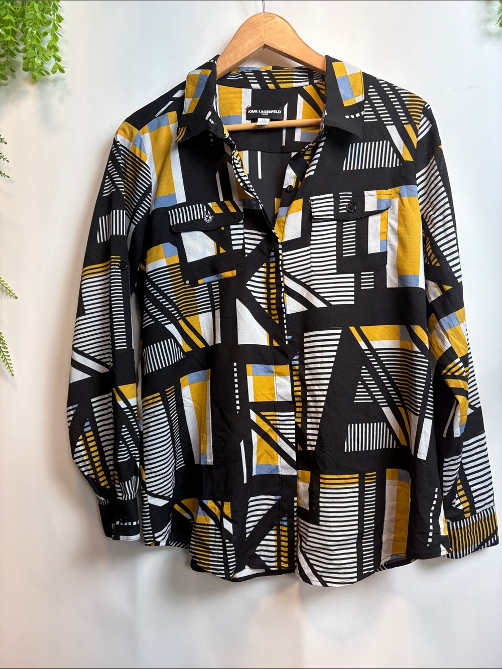 Karl Lagerfeld Black Geometric Button-Down Blouse with Yellow and White Accents